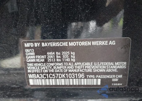 2013 BMW 328I из США, поврежденный, VIN WBA3C1C57DK103196